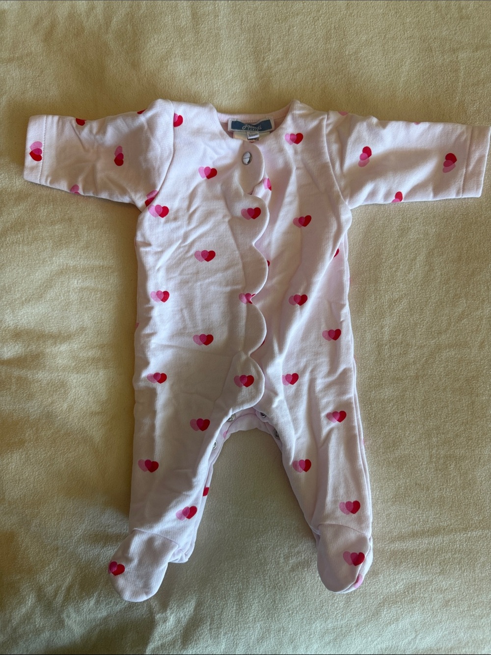 Jacadi Pink and Red Heart Print Footed One-Piece like new